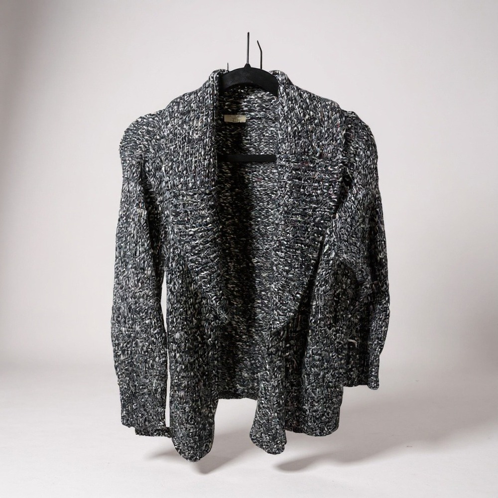 Talbots Women's Speckled Knit Cardigan Sweater Shawl Collar Open Front Gray
